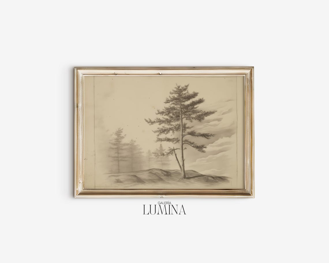 Pine Tree Lithographic Drawing Pine Tree Sketch Drawing Vintage Rustic Tree Sketch Neutral Tree Print Art Frame Tv Art 525 - Image 2