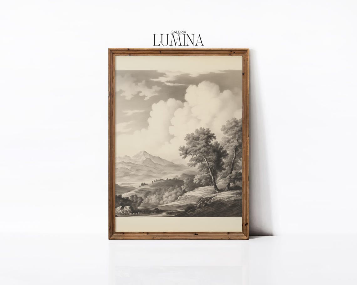 Sepia Mountain Valley Clouds Pencil Sketch Vintage Landscape Poster - Image 2