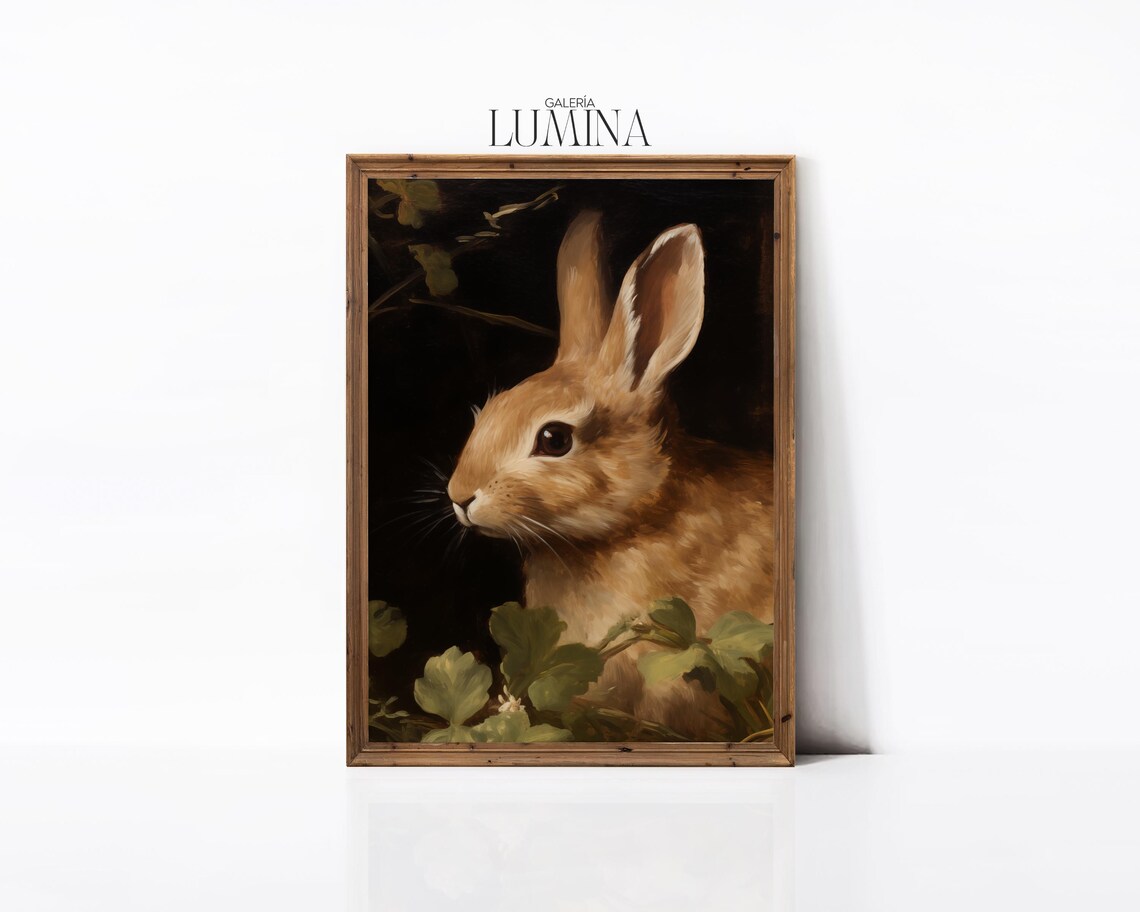 Cute Brown Bunny Oil Painting, Rustic Nursery Art Print - Image 3