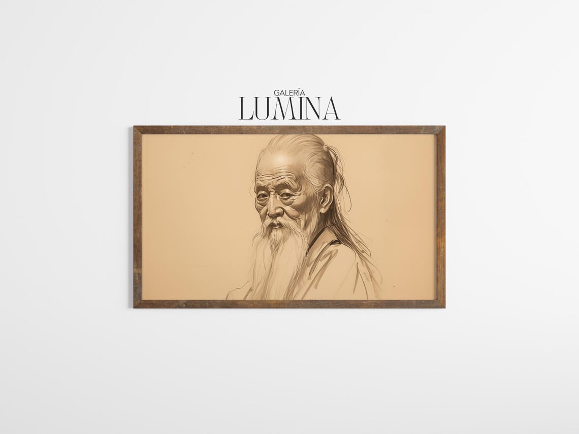 Wise Elderly Asian Sage Portrait Drawing Long Beard Sketch Art Poster - Image 3