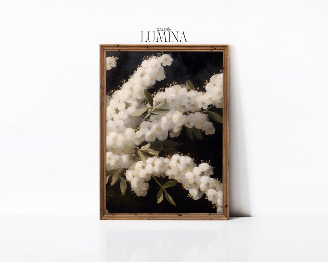 White Spirea Blossoms on Dark Background Vintage Floral Poster - Image 3
