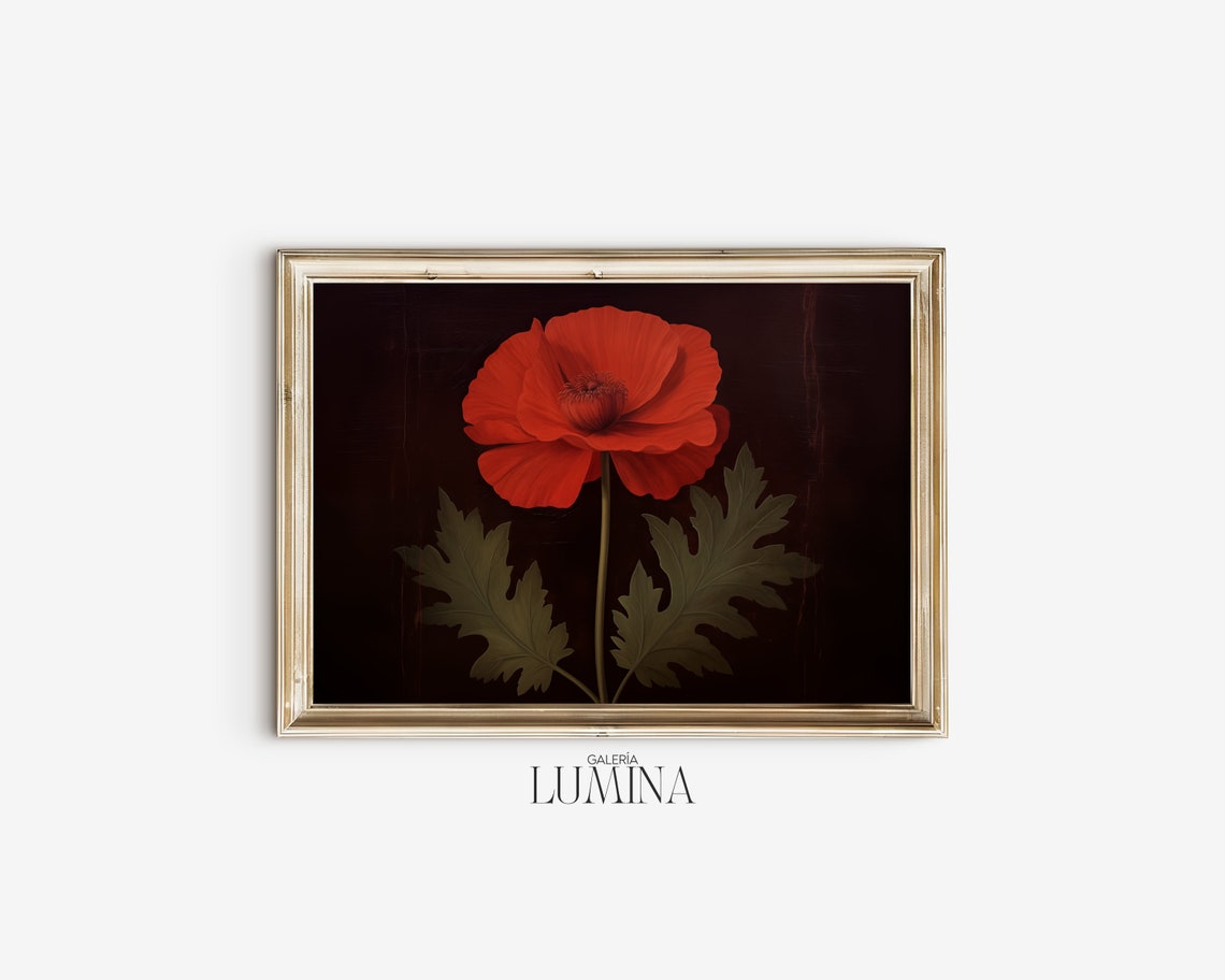 Moody Red Poppy Flower Oil Painting Dark Background Wall Art Botanical Wall Art Flower Art Print Art Frame Tv Art 217 - Image 2