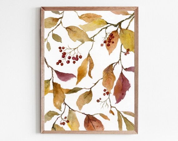 Fall Leaves Watercolor Art Print, Autumn Tree Decor