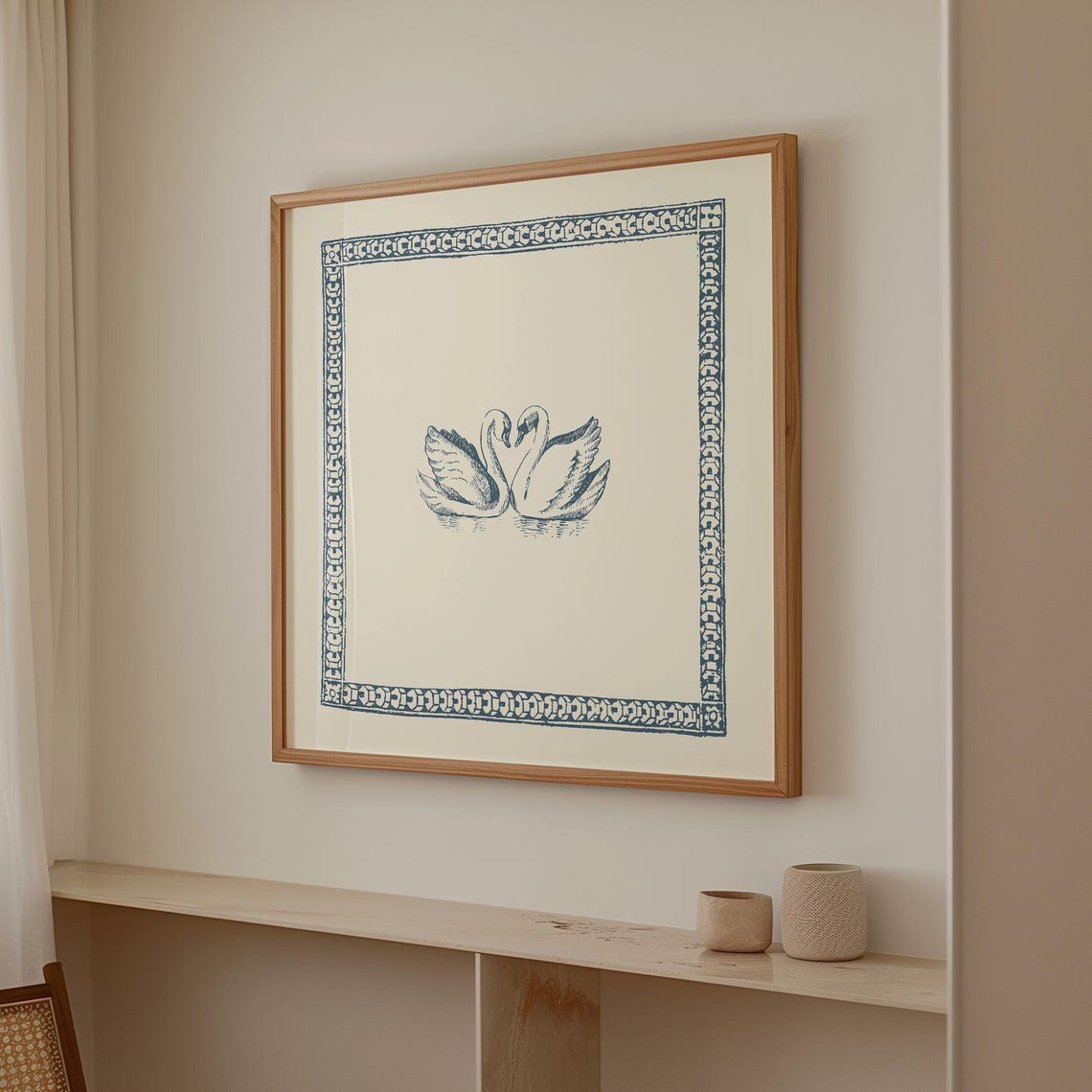 Cream Vintage Swans Engraving Poster Navy Border Coastal Decor - Image 2