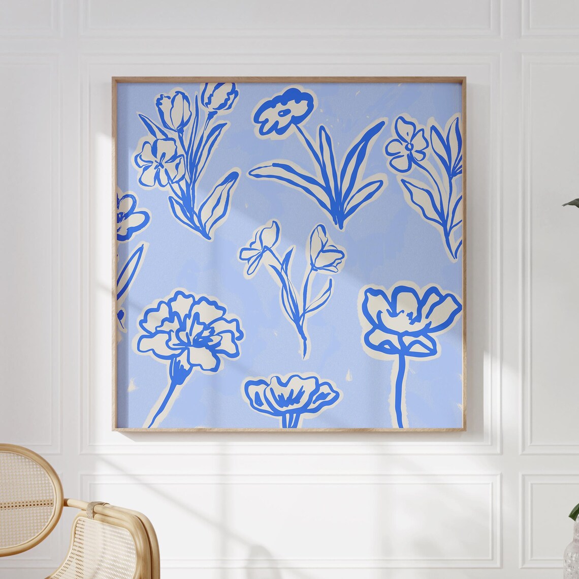 Cobalt Blue Line Art Tulip And Peony Wildflower Pattern Poster