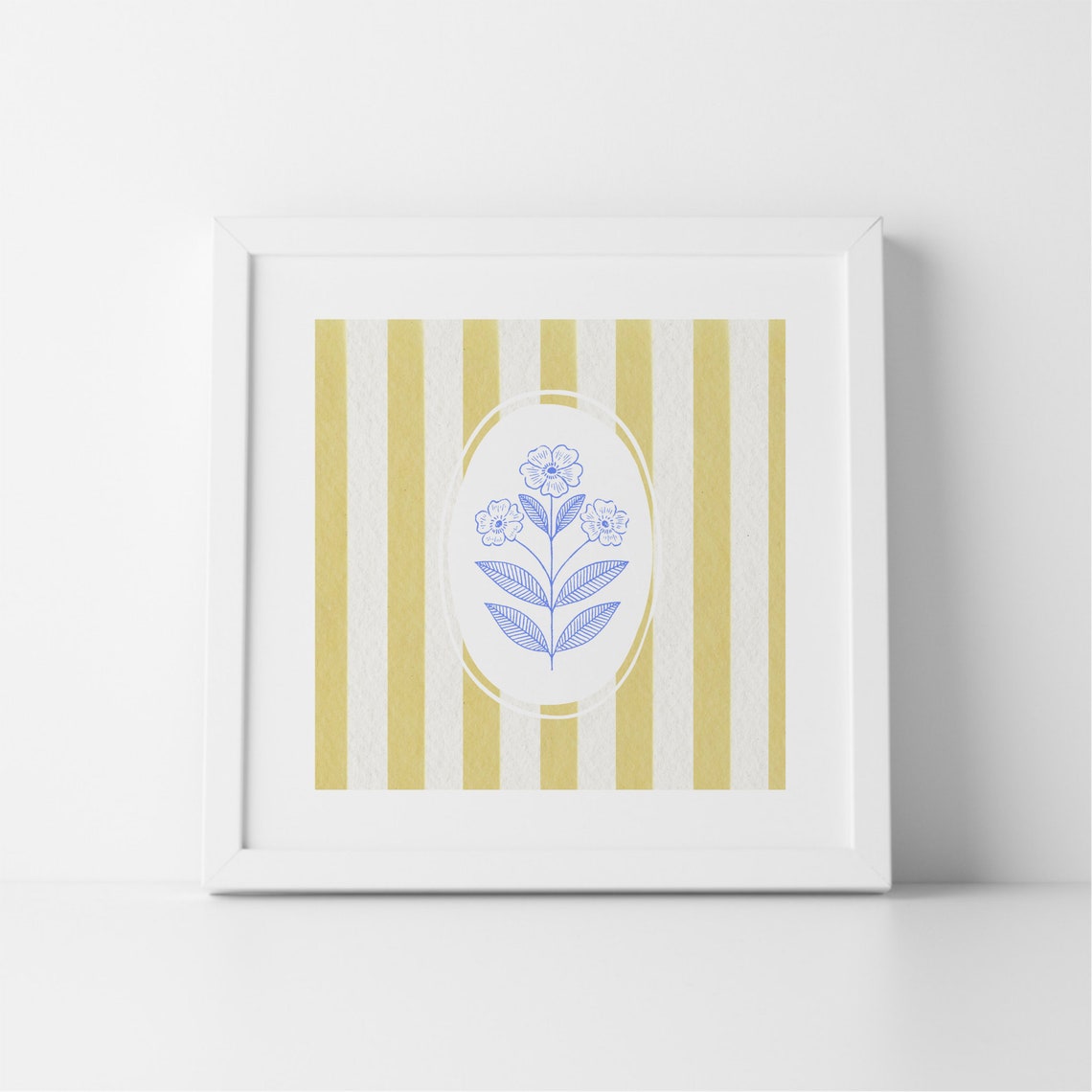 Yellow Striped Blue Line Floral Bouquet Minimalist Square Poster