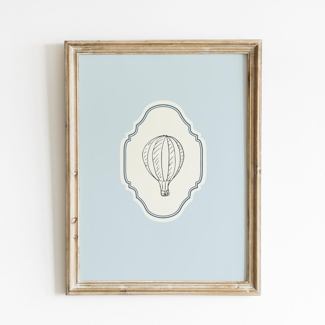 Vintage Hot Air Balloon Line Art Blue Ornate Vertical Nursery Poster