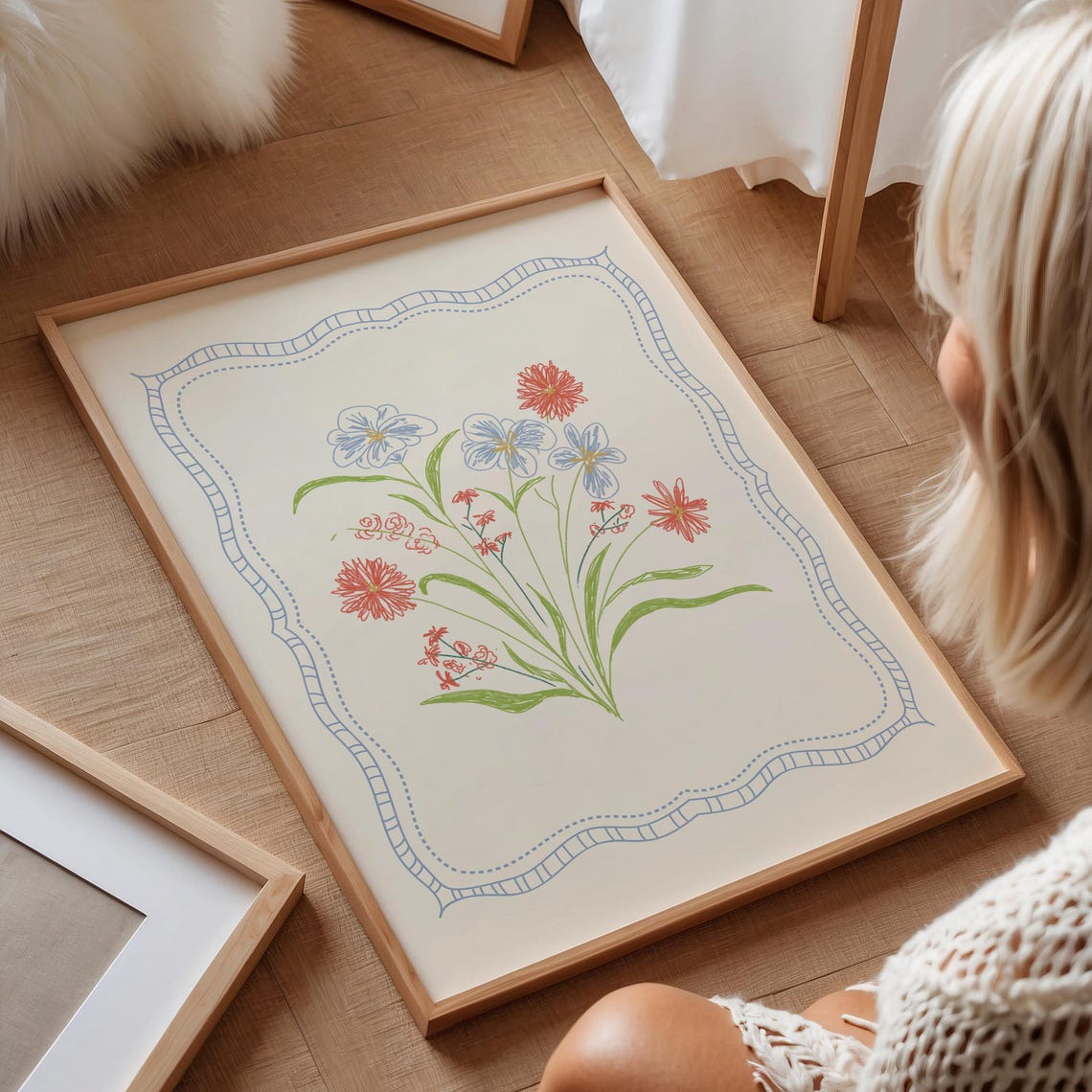 Red Gerbera Daisy Blue Blossom Wildflower Bouquet Line Art Poster - Image 2