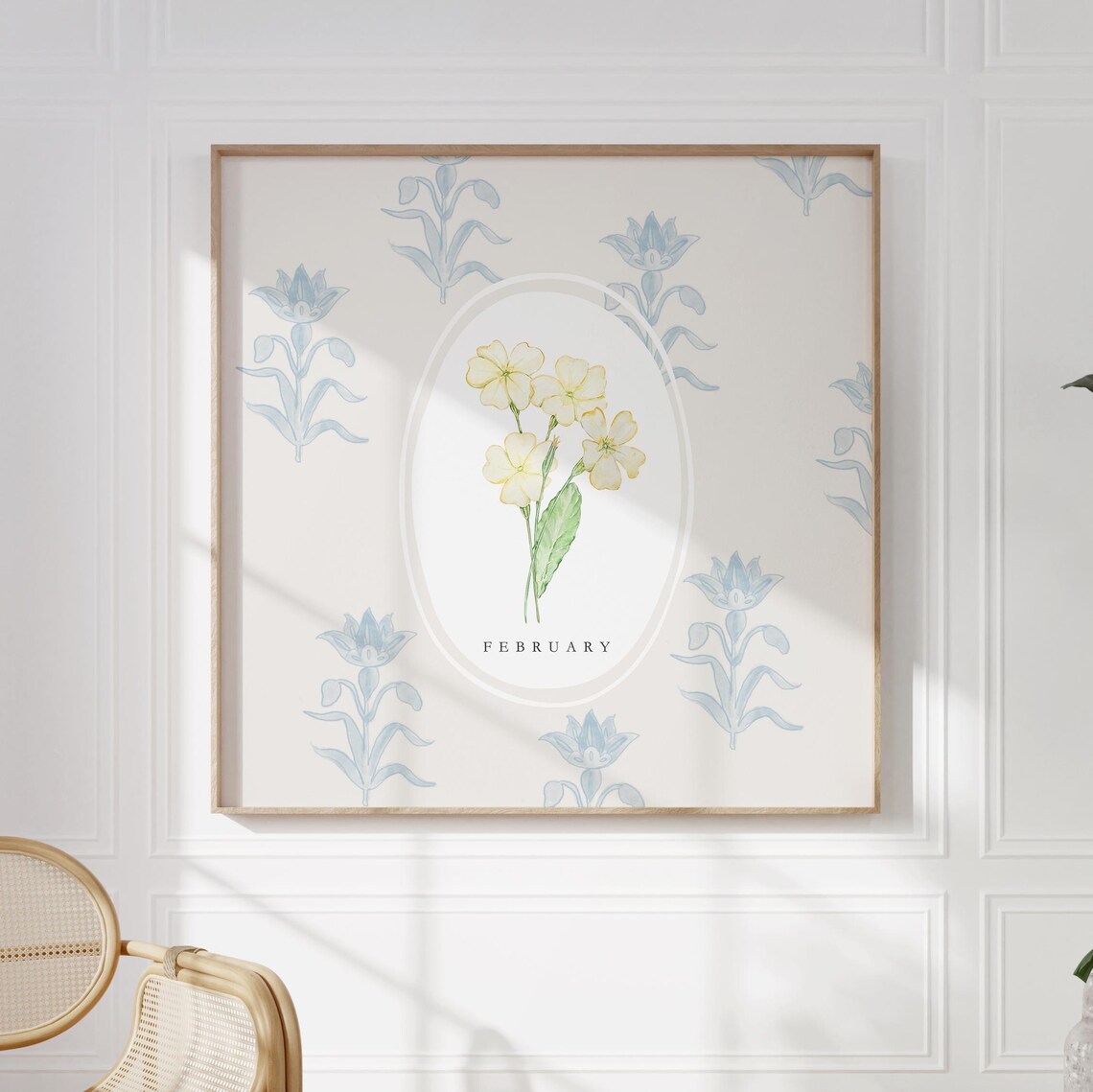 February Primrose Birth Month Flower Blue Botanical Pattern Artwork Poster - Image 3