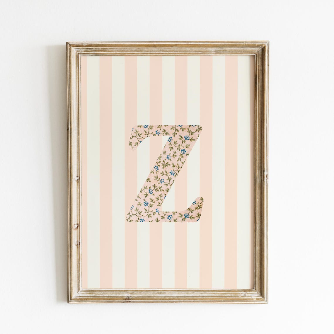 Letter Z Floral Monogram Blush Pink Striped Nursery Decor Poster - Image 3