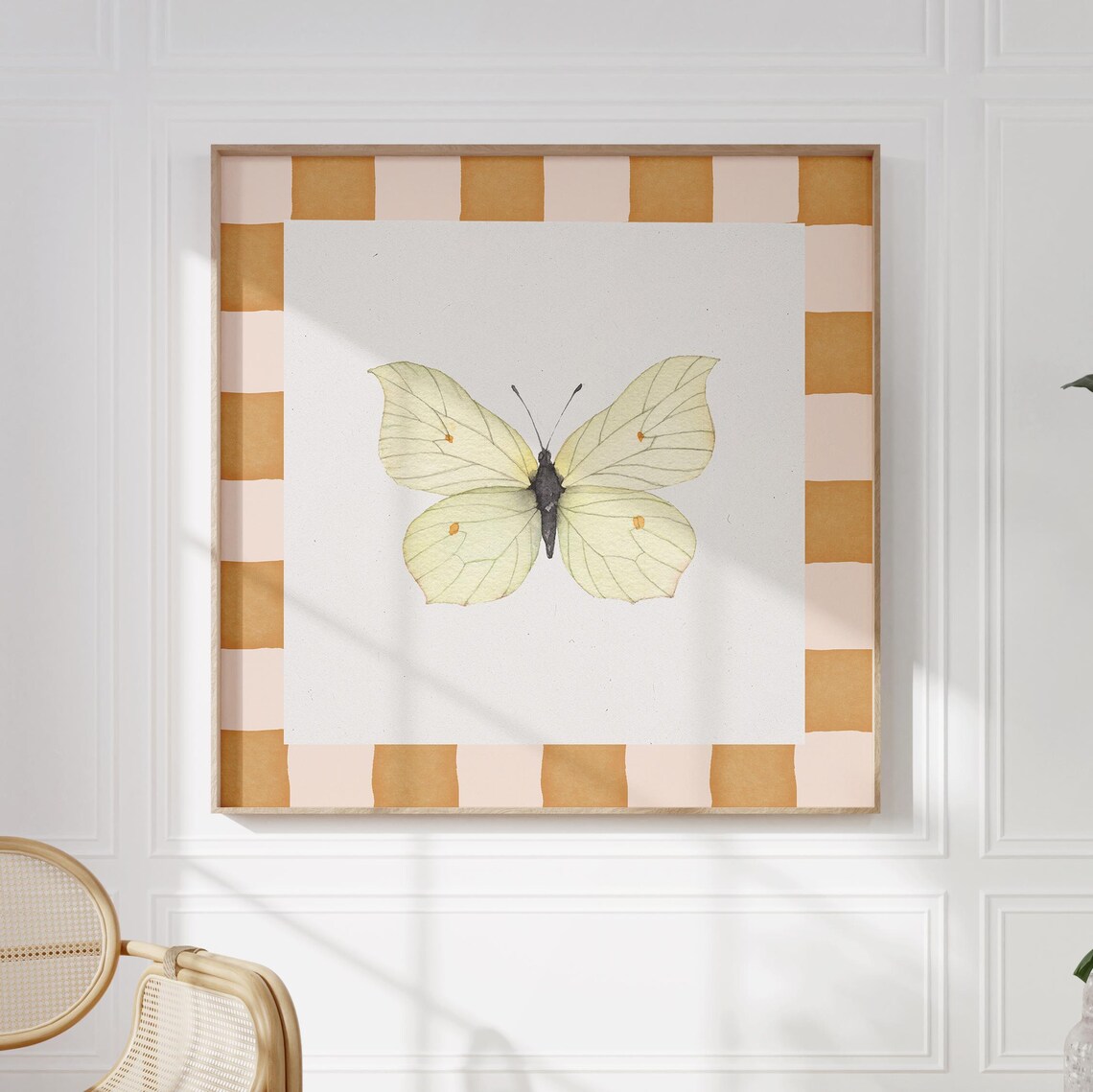 Pale Yellow Butterfly On Caramel Checkered Cottage Nursery Poster - Image 2