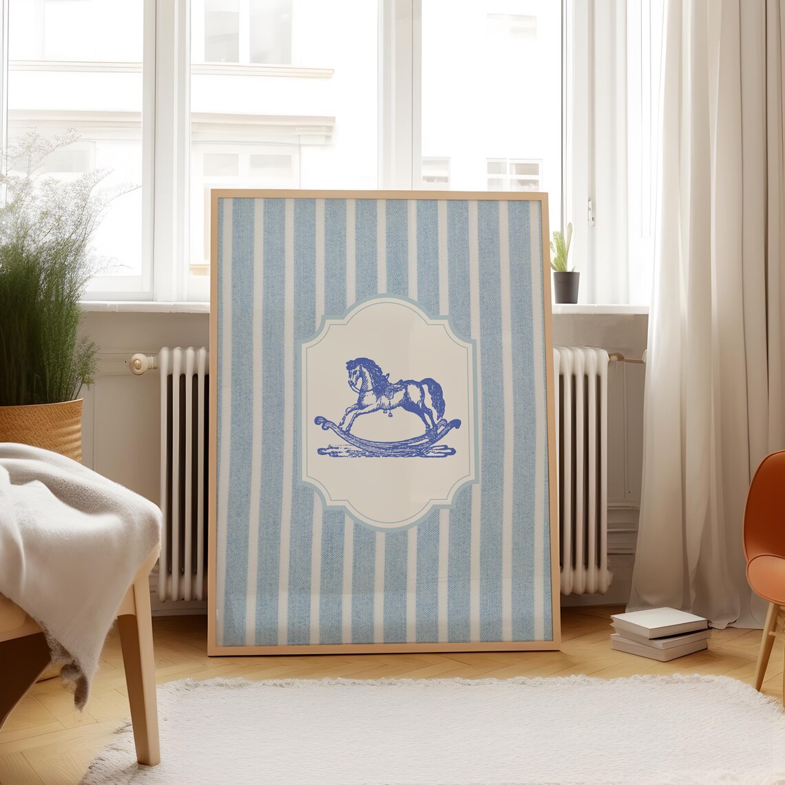 Classic Vintage Blue Rocking Horse on Striped Baby Nursery Wall Art - Image 2