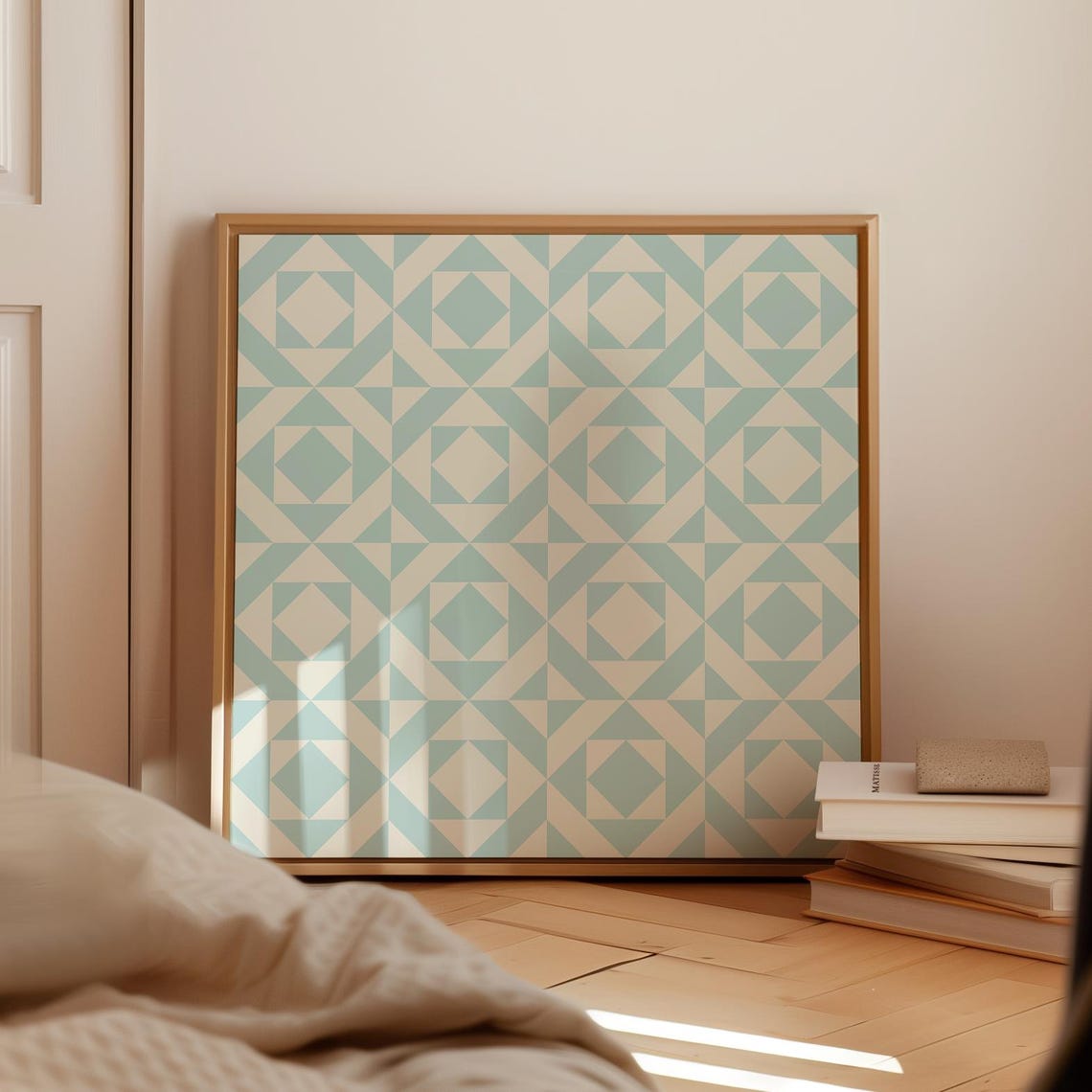 Vintage Blue Quilted Geometric Pattern Square Nursery Wall Art Print - Image 5