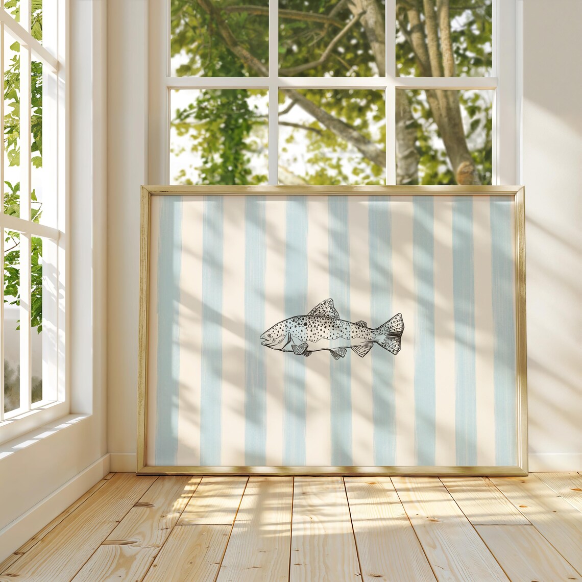 Blue Striped Fish Art Print, Coastal Cottagecore