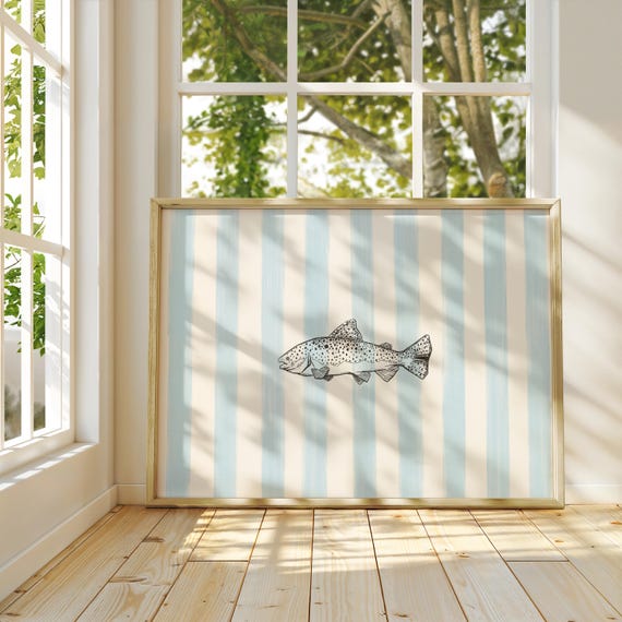 Blue Striped Fish Art Print, Coastal Cottagecore