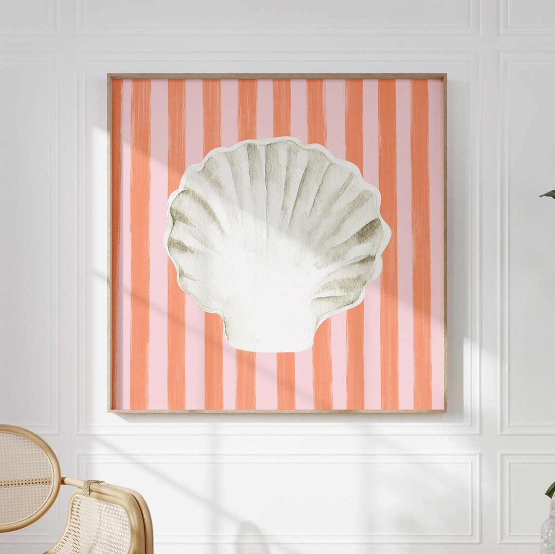 White Scallop Shell Coral Striped Background Coastal Watercolor Poster - Image 5