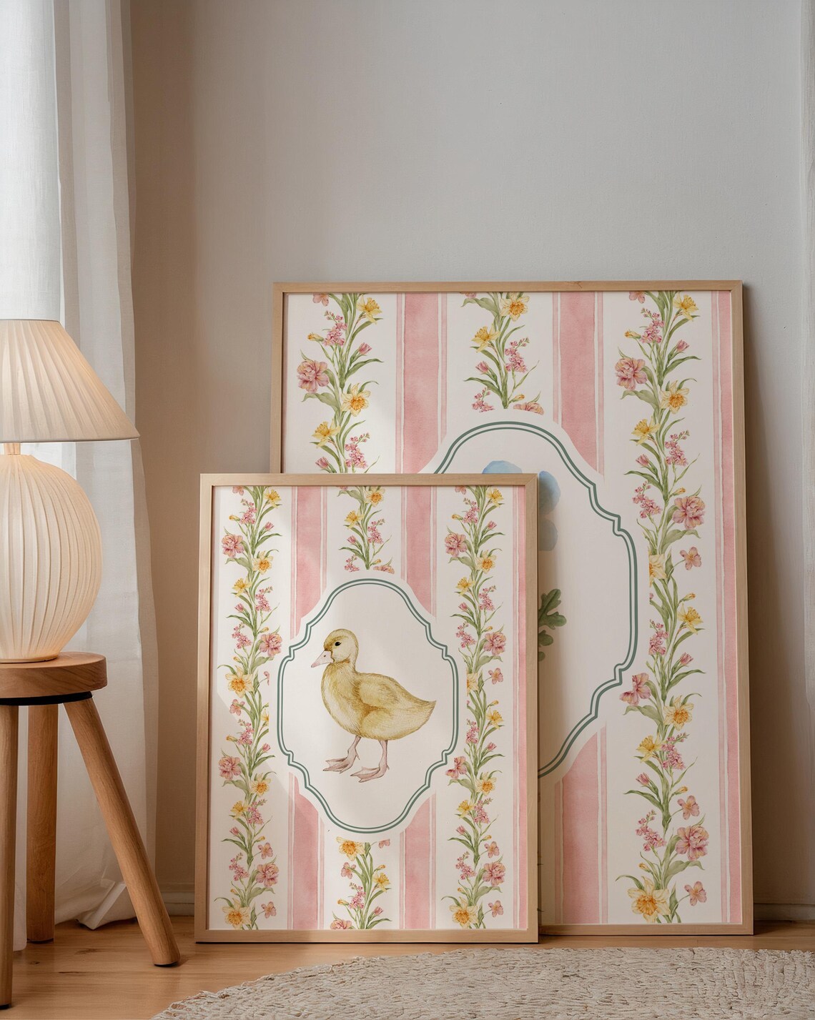 Baby Duckling Pink Striped Floral Vintage Nursery Wall Art Poster - Image 3