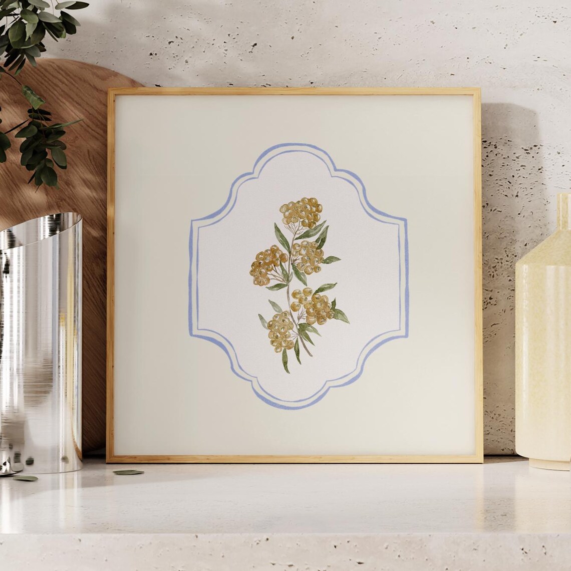 Golden Berry Branch Watercolor Blue Plaque Square Floral Decor Poster - Image 2