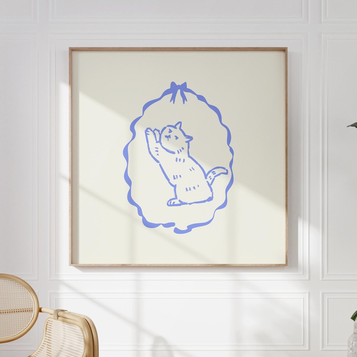 Blue Line Kitten Illustration Bow Frame Cute Kids Nursery Wall Art Poster - Image 5