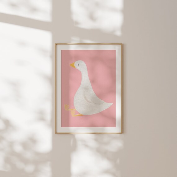 Cute White Goose Nursery Illustration on Pink Background Poster