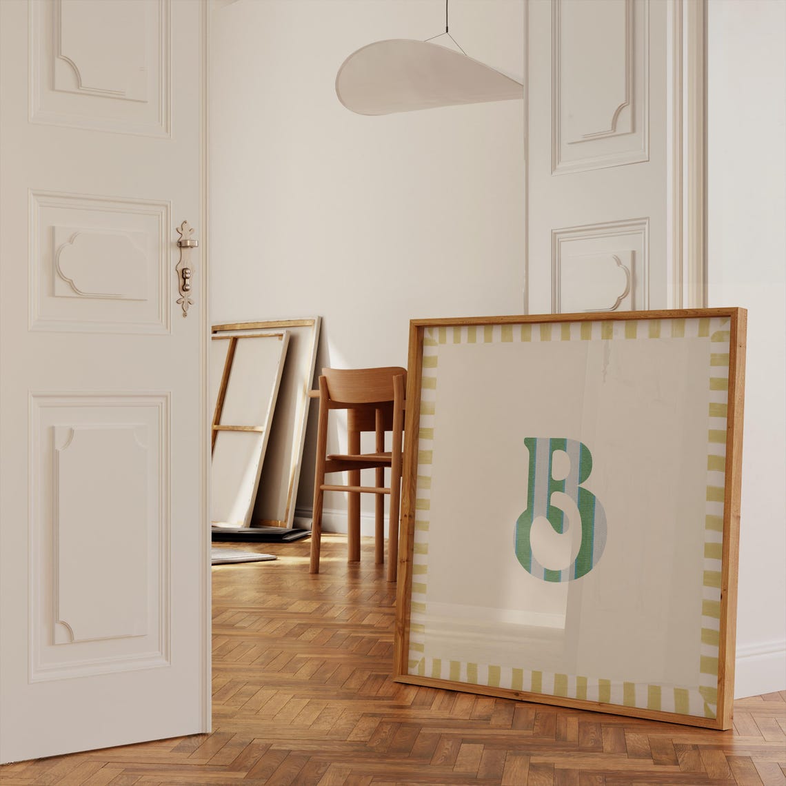 Swash Letter B Green Blue Striped Monogram Cream Framed Art Print - Image 5