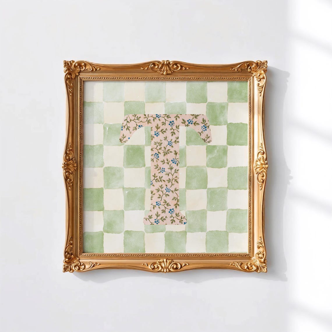 Floral Letter T Green Gingham Checkered Initial Nursery Wall Poster - Image 4