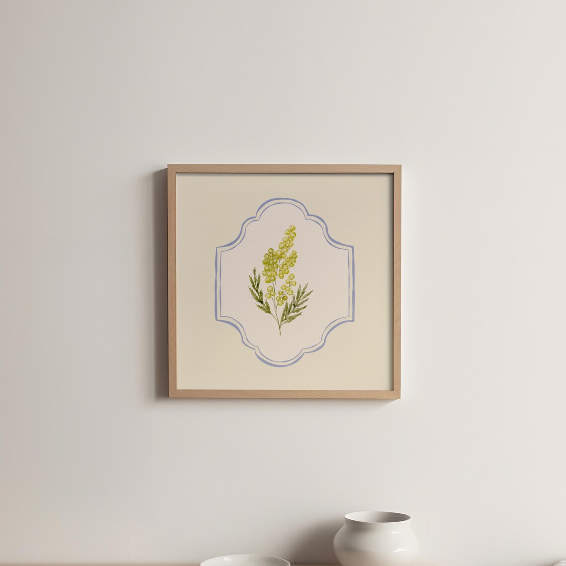 Golden Mimosa Blossom Sprig Watercolor Medallion Botanical Print - Image 5