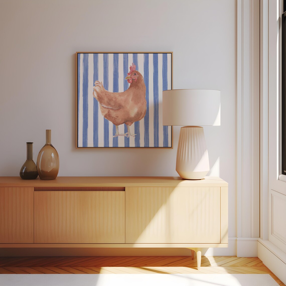Watercolor Chicken on Blue Stripes Farmhouse Kitchen Art Poster - Image 2