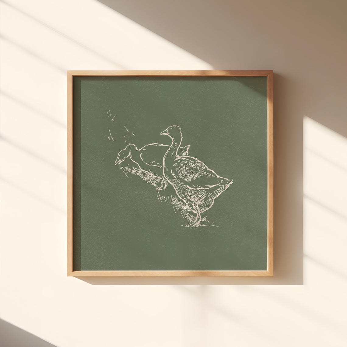 Farm Ducks Line Sketch Olive Green Minimalist Square Wall Art - Image 2