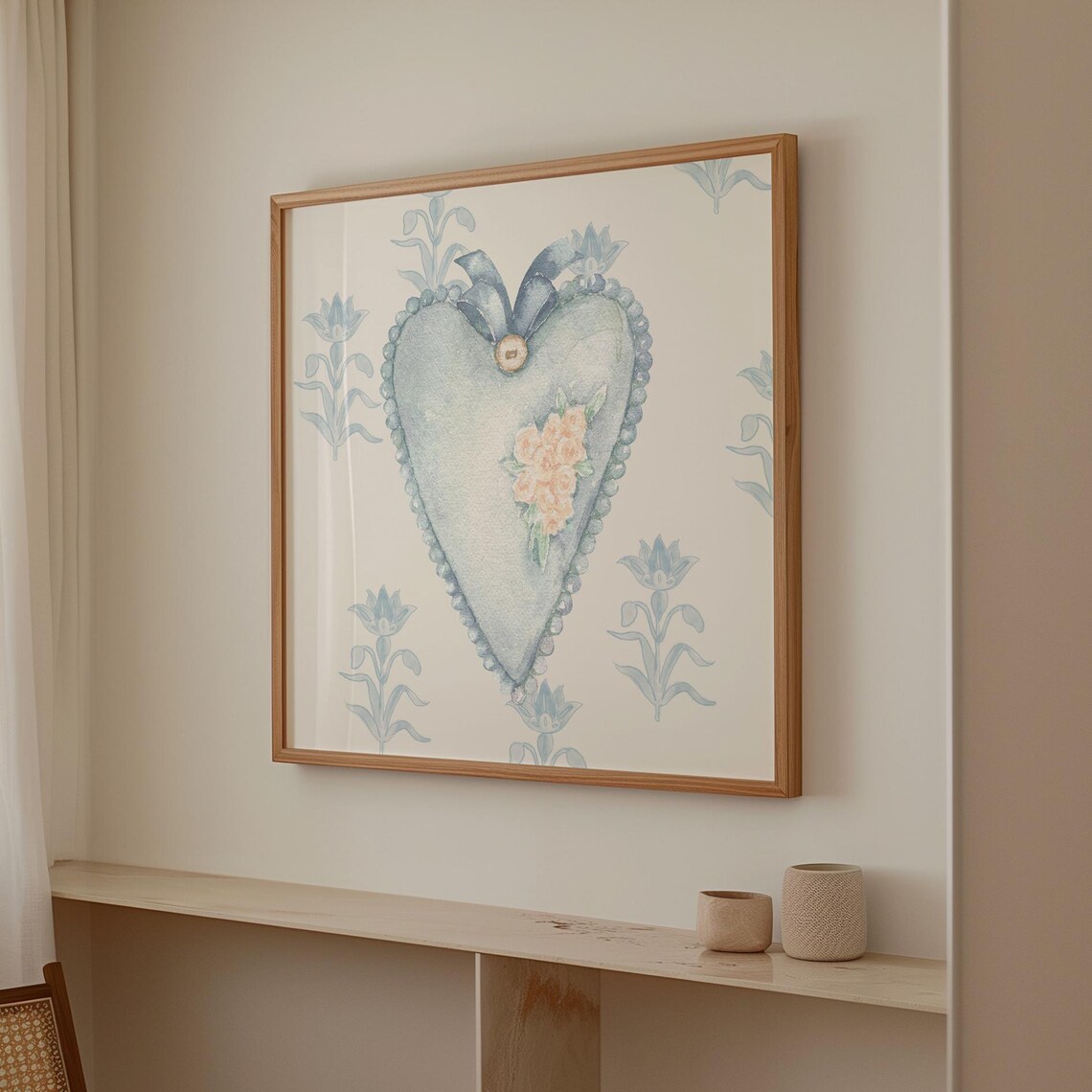 Victorian Blue Heart Locket Pillow Roses Vintage Valentine Art Poster - Image 2
