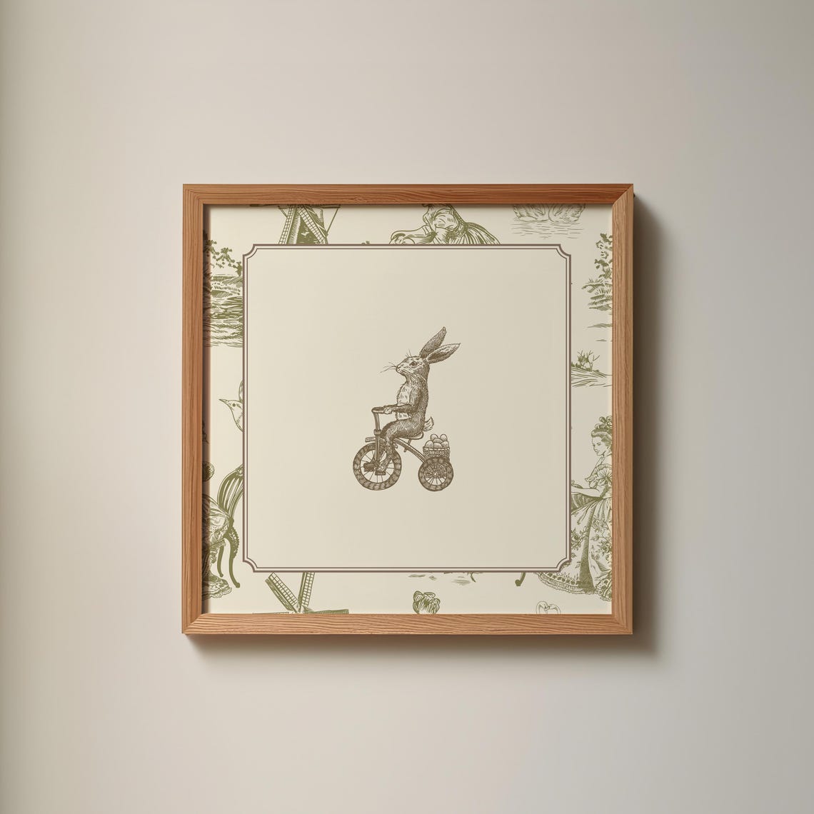 Green Toile Border Bunny Riding Bicycle Whimsical Nursery Poster
