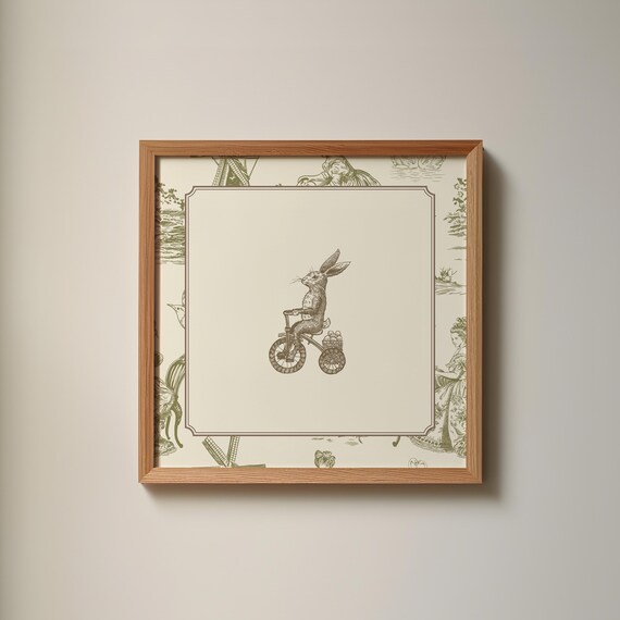 Green Toile Border Bunny Riding Bicycle Whimsical Nursery Poster