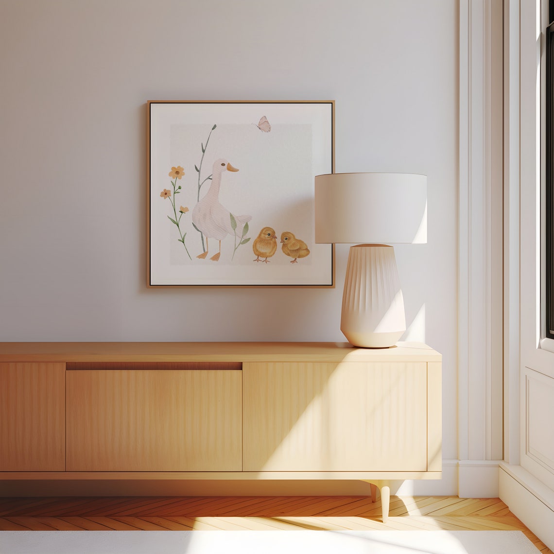 White Duck and Chicks Minimalist Watercolor Neutral Nursery Poster - Image 2
