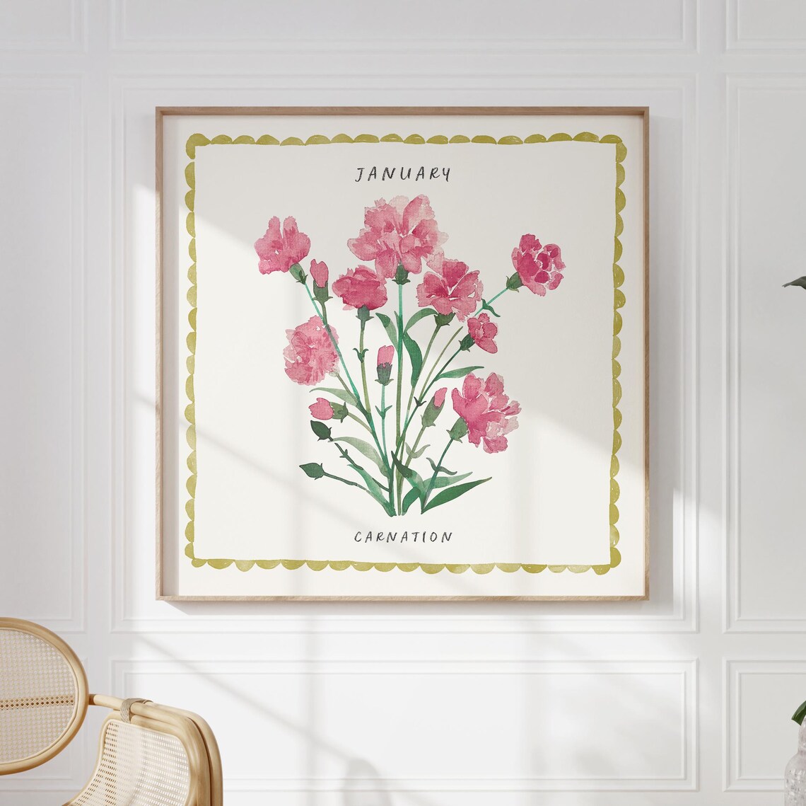 January Carnation Birth Flower Watercolor Botanical Wall Art - Image 4