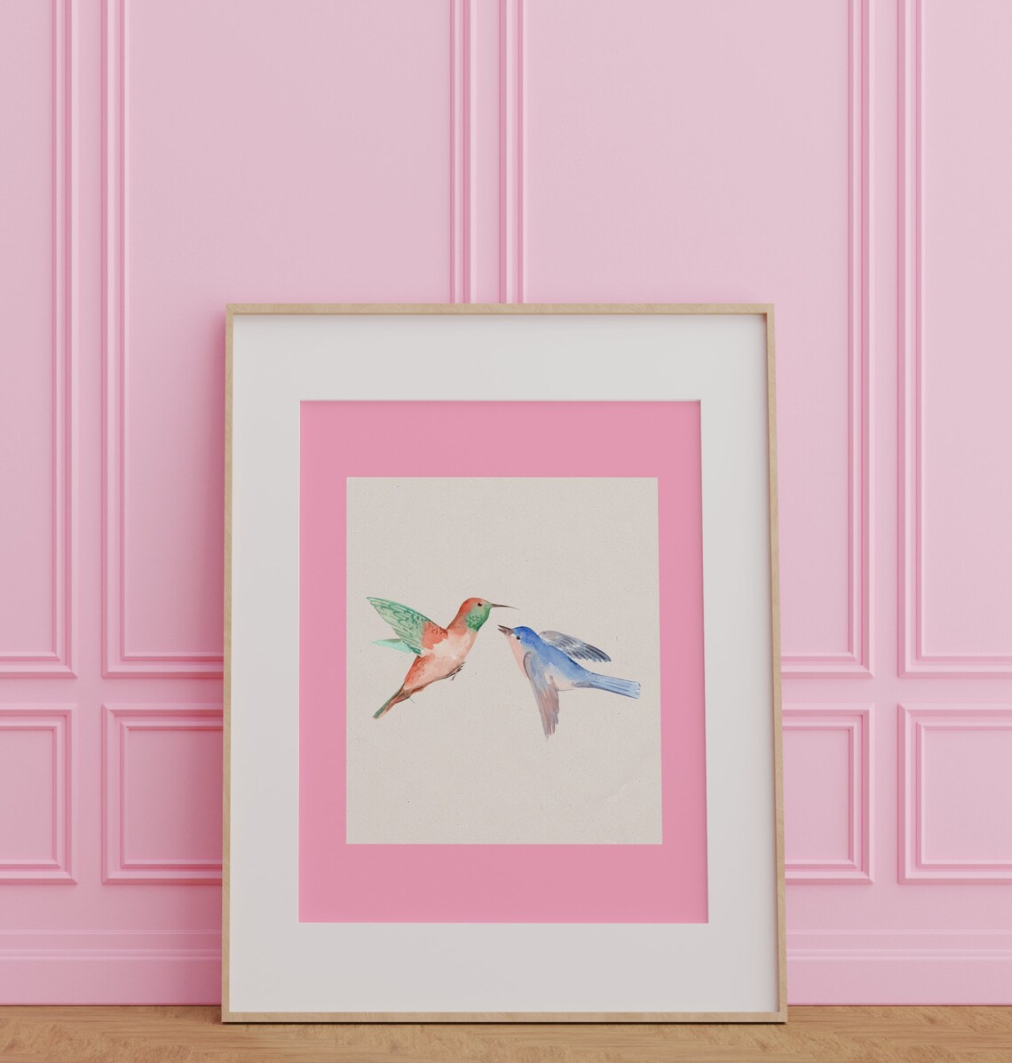 Two Birds Coral Hummingbird Blue Songbird Pink Framed Art Print - Image 3