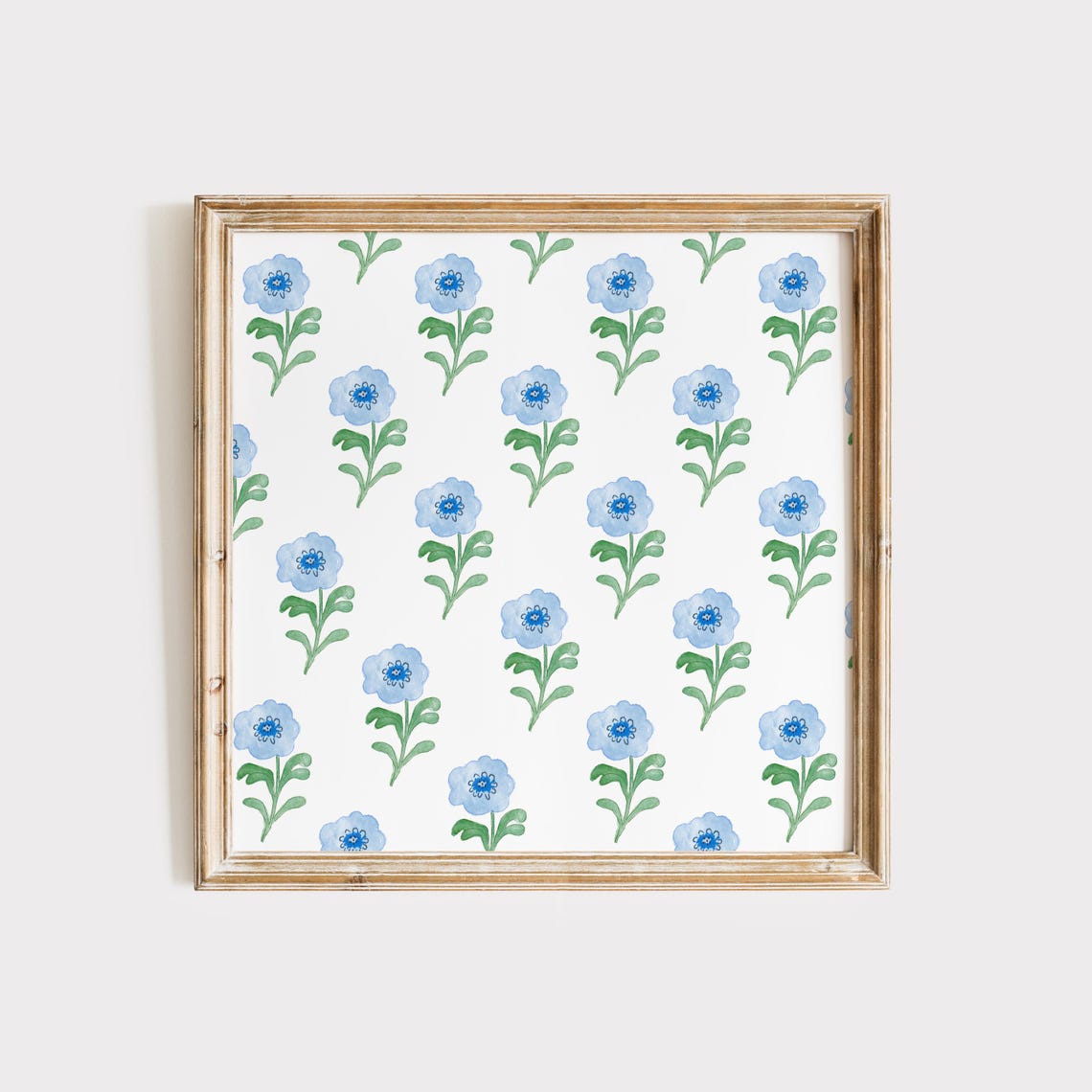 Blue Poppy Watercolor Pattern on White Botanical Repeating Poster