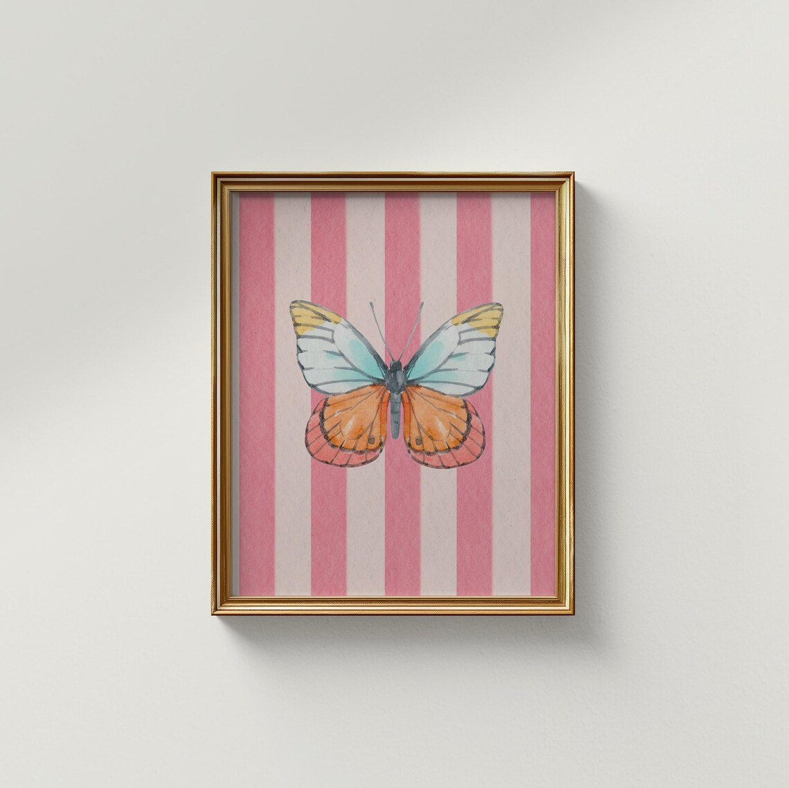 Pink Striped Butterfly Vertical Art Print, Vintage Cottage Decor - Image 3