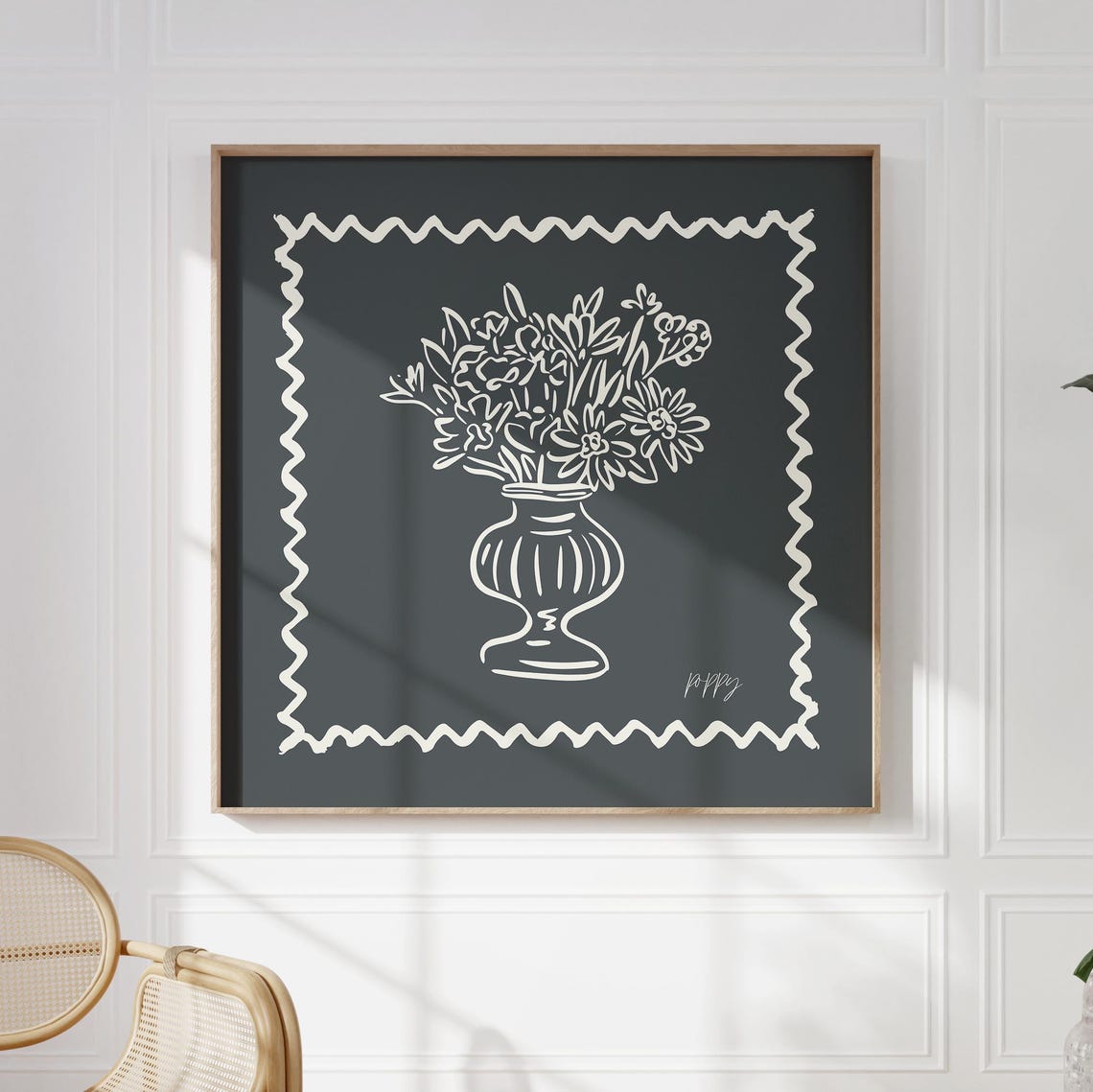 Black Background Cream Line Wildflower Bouquet Vase Modern Wall Poster - Image 4