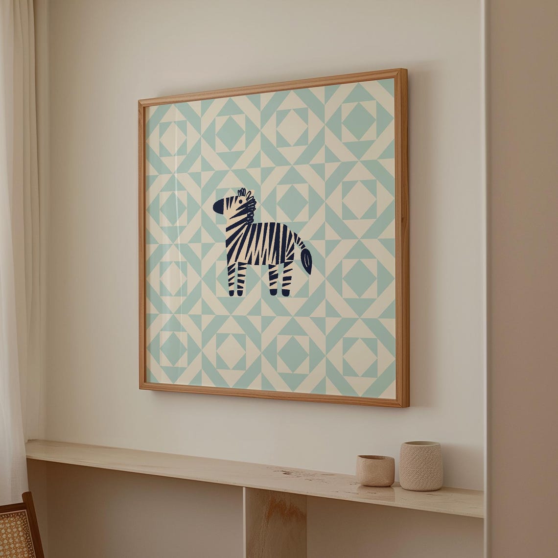 Cute Navy Zebra Blue Geometric Quilt Patchwork Kids Nursery Poster - Image 3