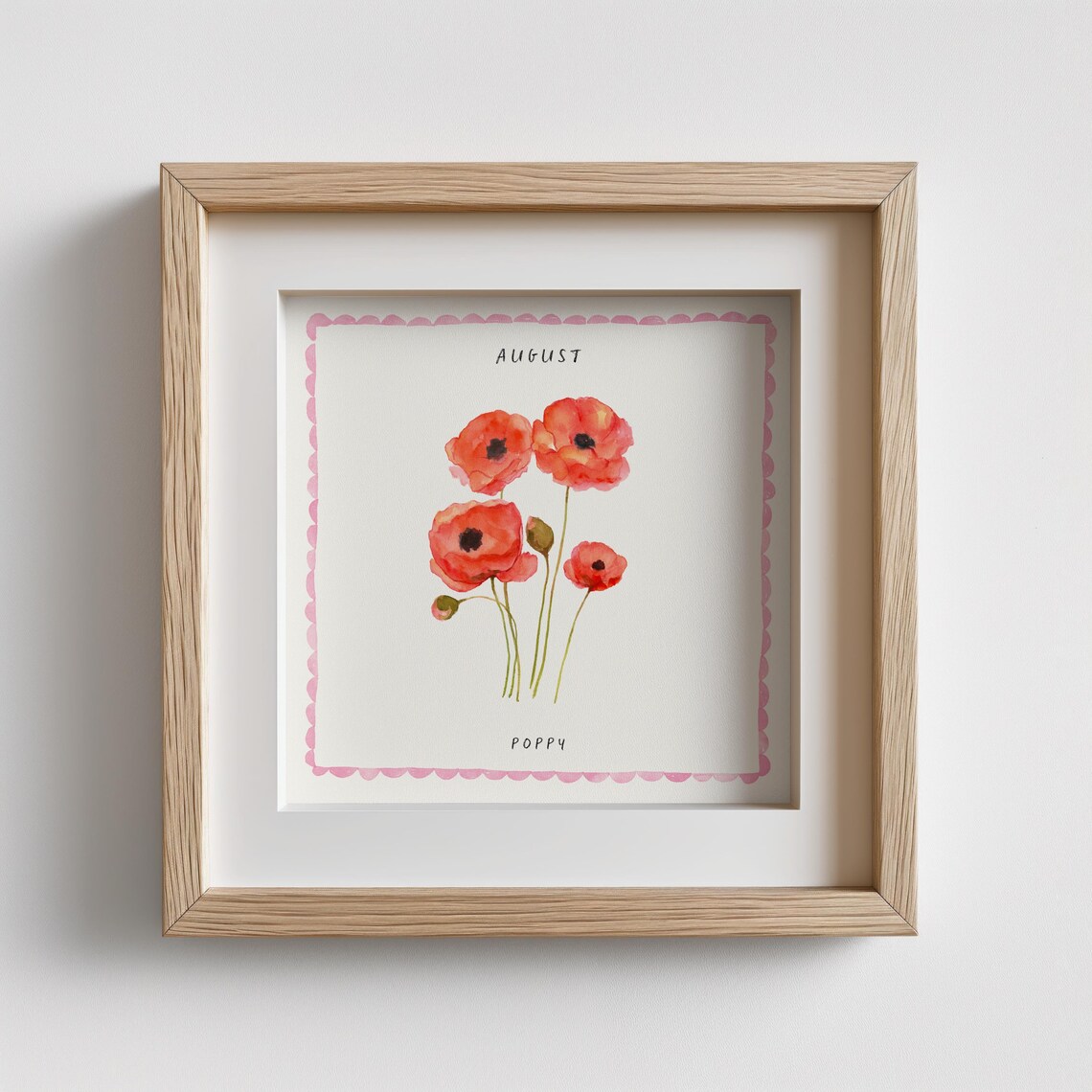 August Poppy Watercolor Birth Month Flower Pink Border Art Poster - Image 2