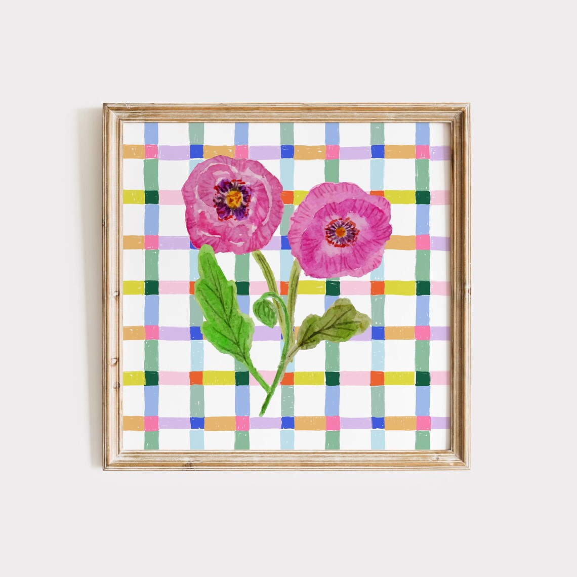 Two Pink Poppy Flowers Colorful Check Plaid Nursery Square Wall Art - Image 2