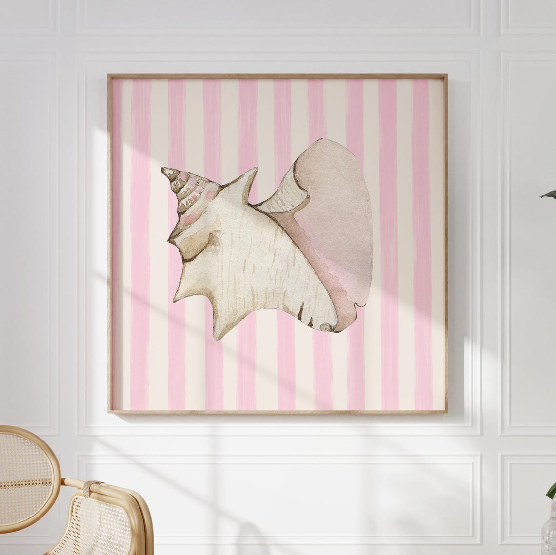 Blush Pink Conch Shell Striped Background Coastal Watercolor Poster - Image 5