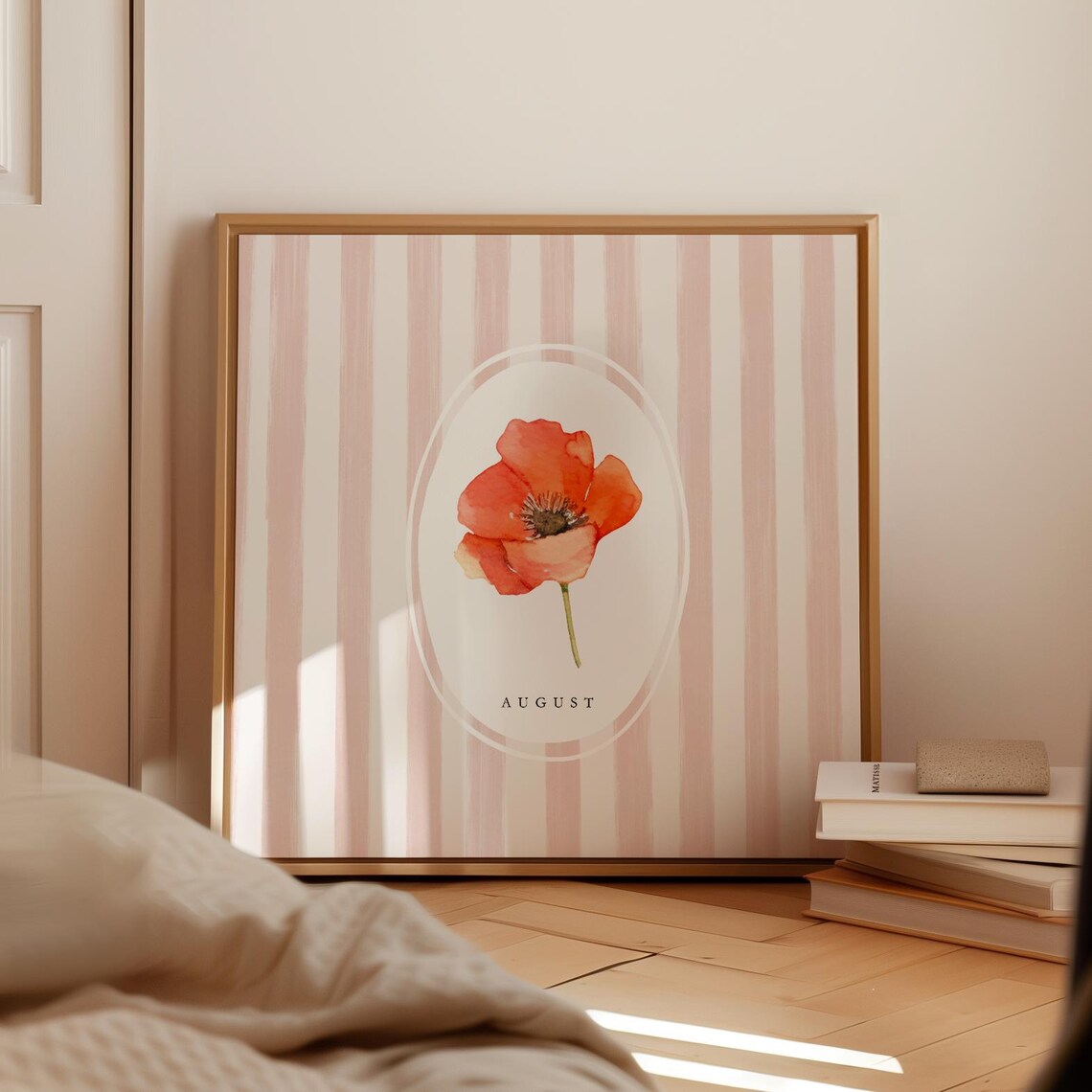 August Red Poppy Birth Month Flower Watercolor Striped Wall Art