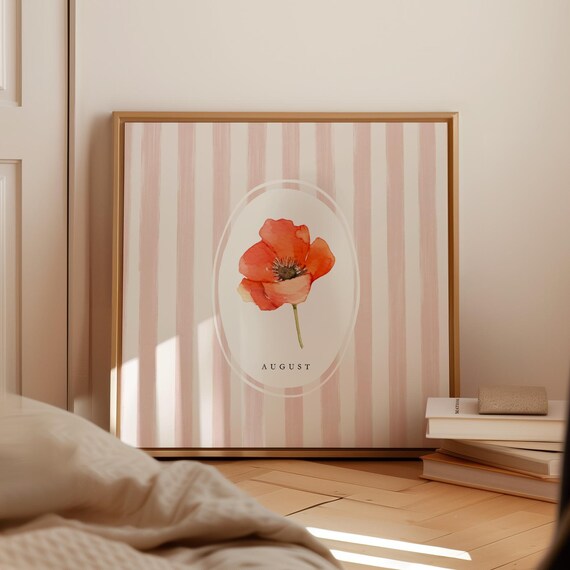 August Red Poppy Birth Month Flower Watercolor Striped Wall Art