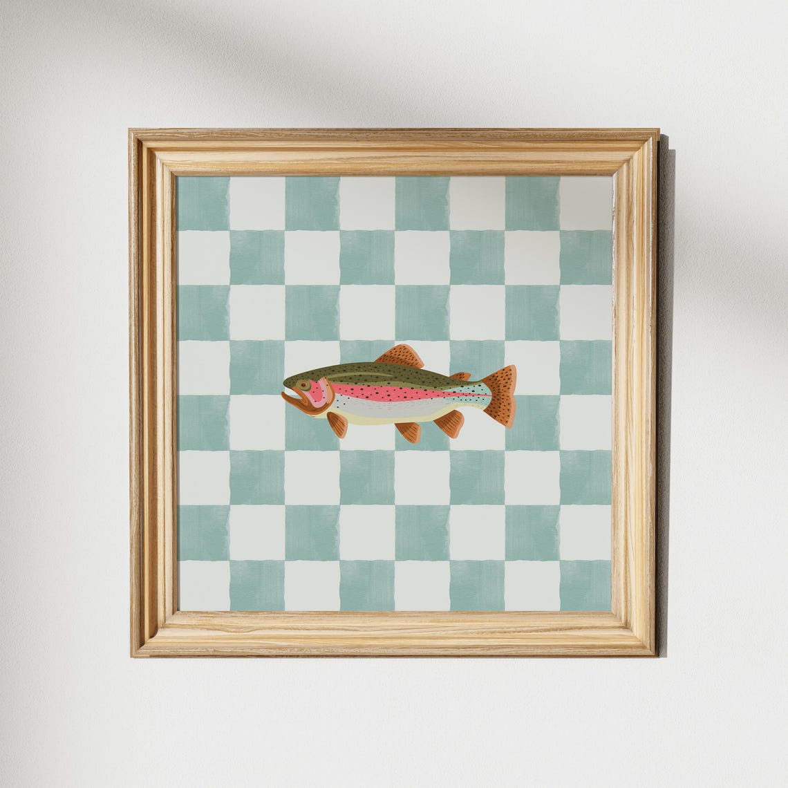 Rainbow Trout Teal Checkered Background Square Fish Decor Poster - Image 5