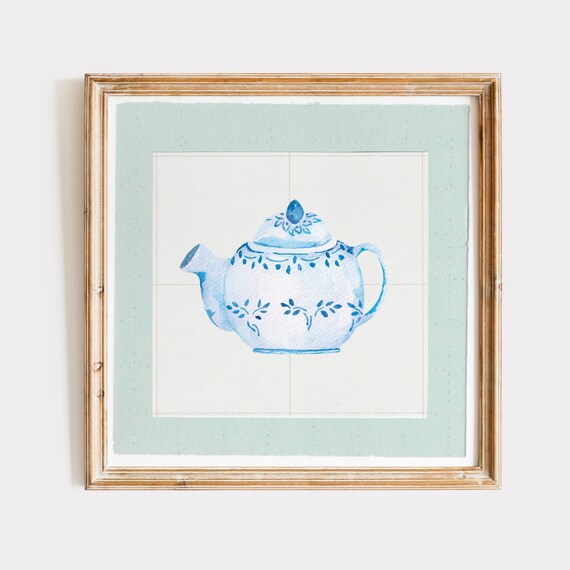 Blue Porcelain Teapot Watercolor Decorative Cottage Kitchen Poster