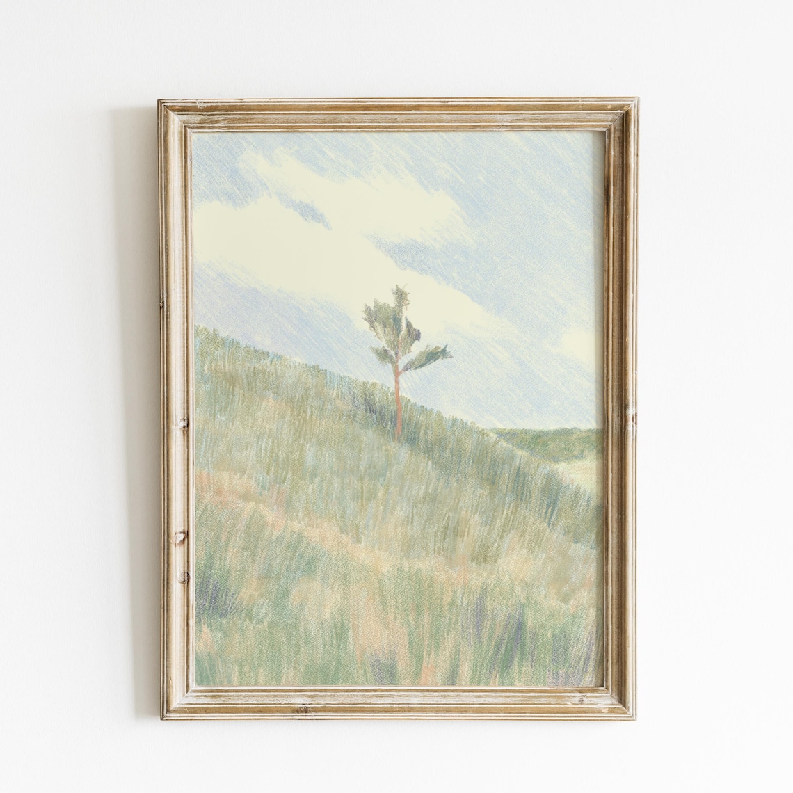 Hillside Meadow Illustration Print, Vintage Cottage Decor