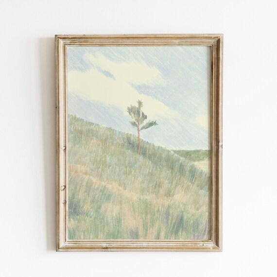 Hillside Meadow Illustration Print, Vintage Cottage Decor