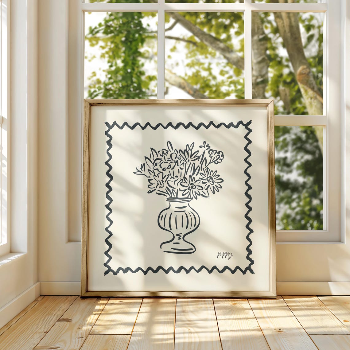 Black Line Wildflower Bouquet Vase Zigzag Border Cream Art Poster - Image 4