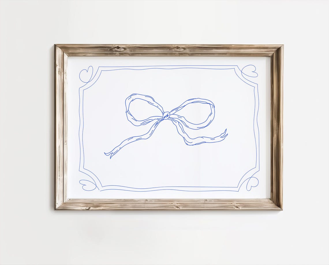 Elegant Minimalist Blue Bow Line Art Horizontal Wall Decor Poster - Image 2